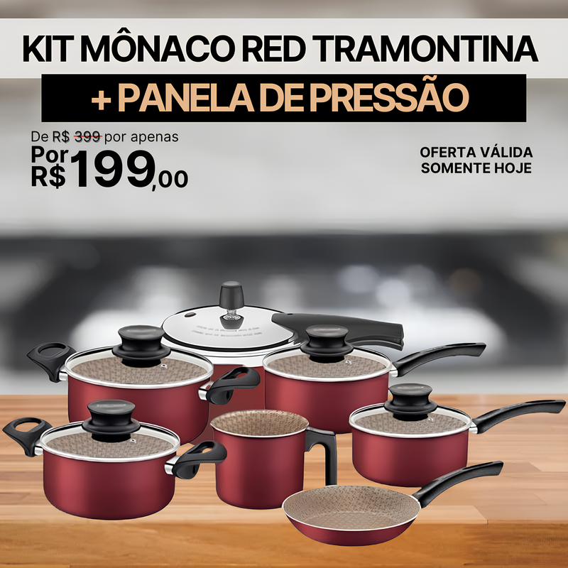 Conjunto de Panelas com Panela de Pressão Monaco Red Tramontina + BRINDE - SOMENTE HOJE