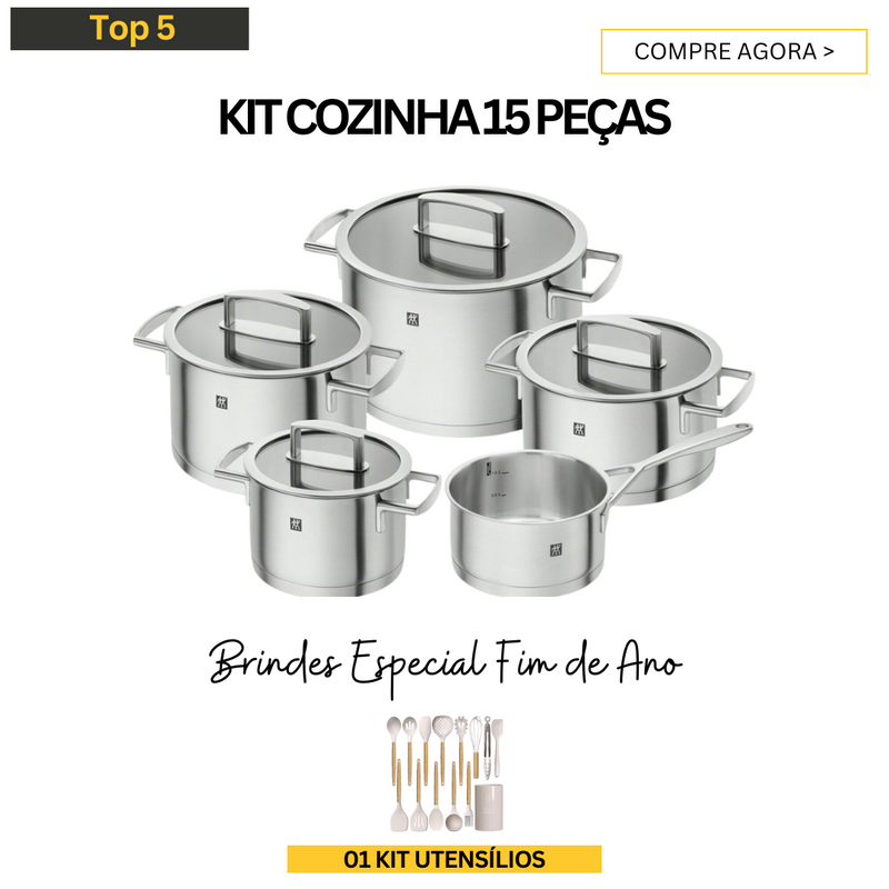 Conjunto 05 Panelas de aço inoxidável + 01 kit de utensílios - OFERTA ESPECIAL