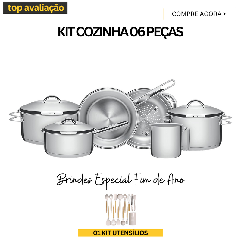 Conjunto 06 Panelas de aço inoxidável + 01 kit de utensílios - OFERTA ESPECIAL