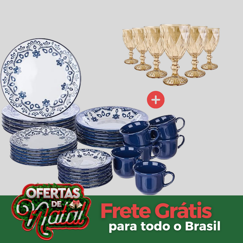 Conjunto de jantar luxo 48 peças + 12 taças douradas I FRETE GRÁTIS I Especial Natal