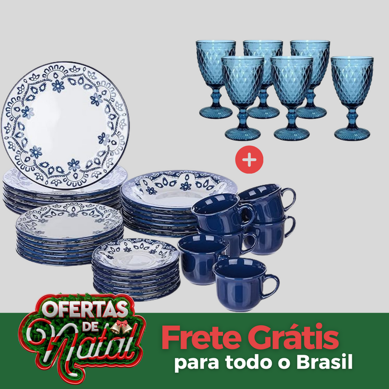 Conjunto de jantar luxo 48 peças + 12 taças douradas I FRETE GRÁTIS I Especial Natal