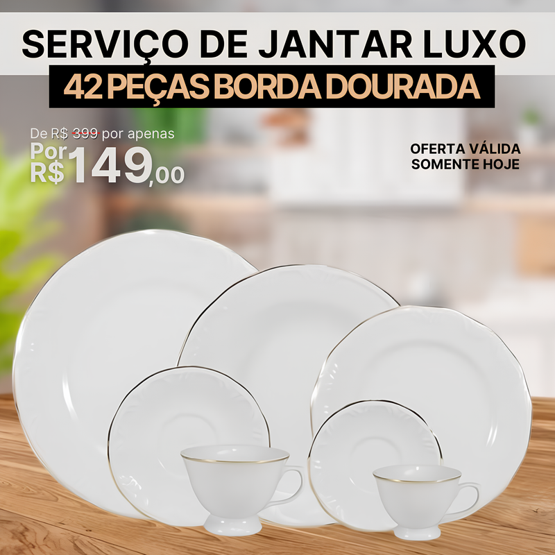 Serviço de Jantar e Chá em Porcelana com Filete em Ouro -  Modelo Redondo com Relevo Pomerode - Decoração Filete Ouro - SOMENTE HOJE