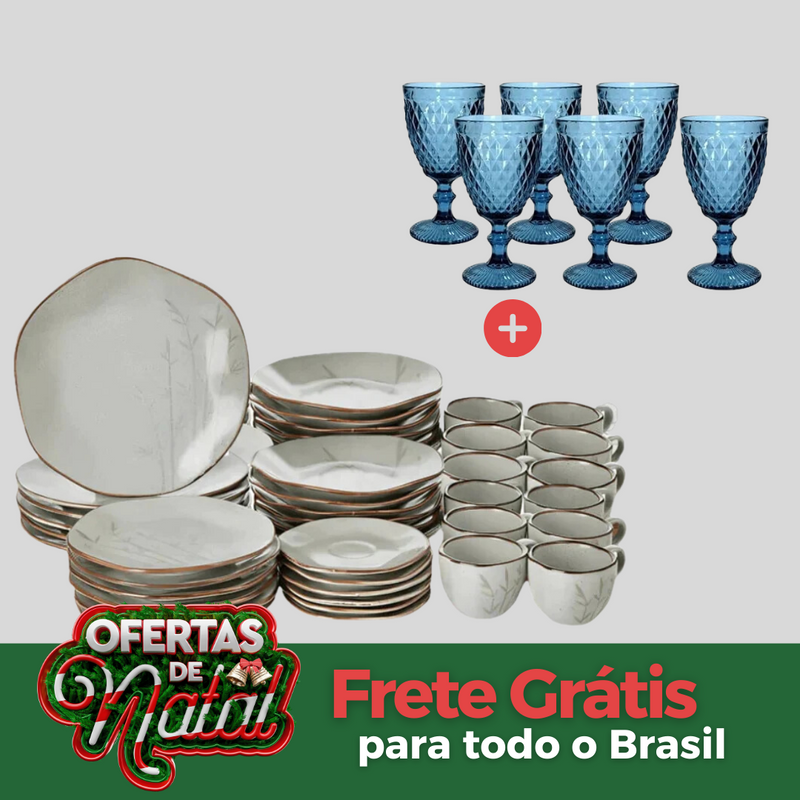 Conjunto de jantar luxo 48 peças + 12 taças douradas I FRETE GRÁTIS I Especial Natal