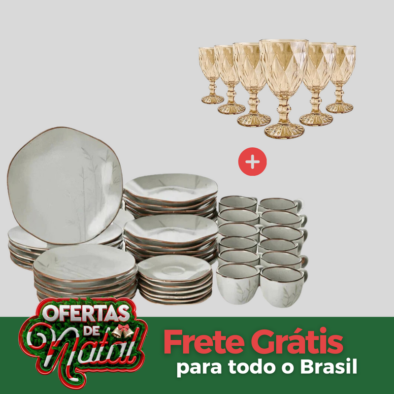 Conjunto de jantar luxo 48 peças + 12 taças douradas I FRETE GRÁTIS I Especial Natal