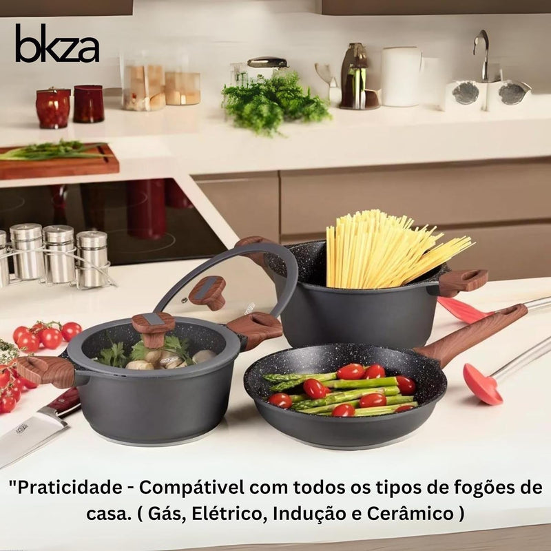 Jogo de Panelas 13 peças Granito Bkza - Conjunto de Panelas com Fundo Triplo - Espessura de 5mm - Com Panelas Frigideiras Caçarolas e Utensílios de Silicone