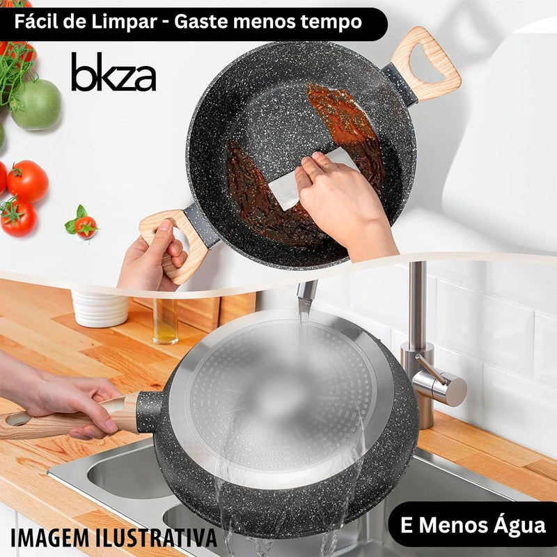 Jogo de Panelas 13 peças Granito Bkza - Conjunto de Panelas com Fundo Triplo - Espessura de 5mm - Com Panelas Frigideiras Caçarolas e Utensílios de Silicone