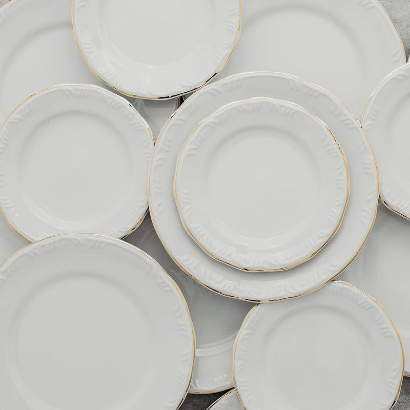 Serviço de Jantar e Chá em Porcelana com Filete em Ouro -  Modelo Redondo com Relevo Pomerode - Decoração Filete Ouro - SOMENTE HOJE