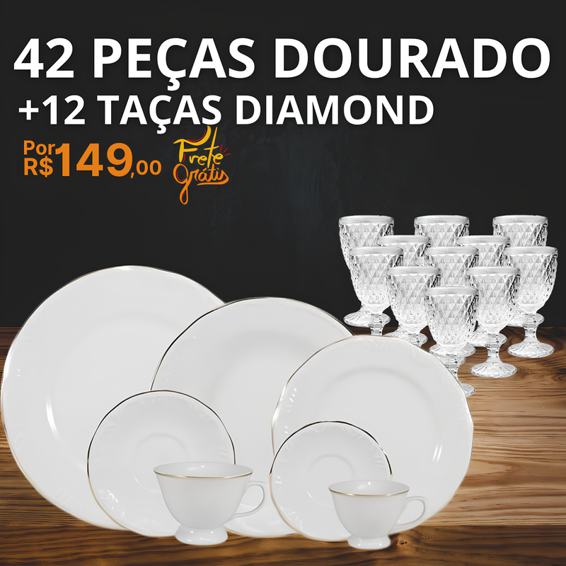 Serviço de Jantar e Chá em Porcelana com Filete em Ouro -  Modelo Redondo com Relevo Pomerode - Decoração Filete Ouro - SOMENTE HOJE